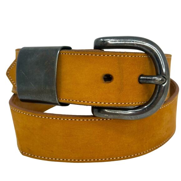 Calfskin Sturdy Soft Natural Color Brass Buckle Belt - TAN - Picture 1 of 7